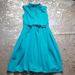 Eshakti Green Fit & Flare Short Collar Front Zip Dress w Detail at Waistline